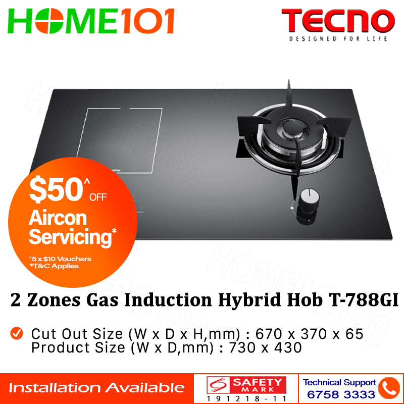 Tecno Gas Induction Hybrid Glass Hob 1 Burner and 1 Zone T-788GI - LPG / PUB - FREE INSTALLATION