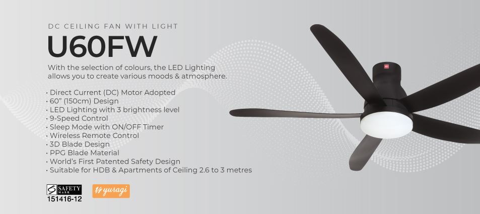 KDK DC Motor Ceiling Fan 150cm w/LED Light U60FWS / U60FWL