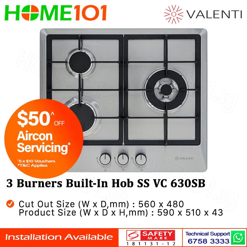 Valenti 3 Burners Built-In Stainless Steel Hob VC 630SB