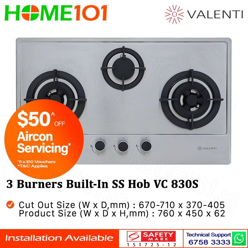 Valenti 3 Burners Built-In Stainless Steel Hob VC 830S