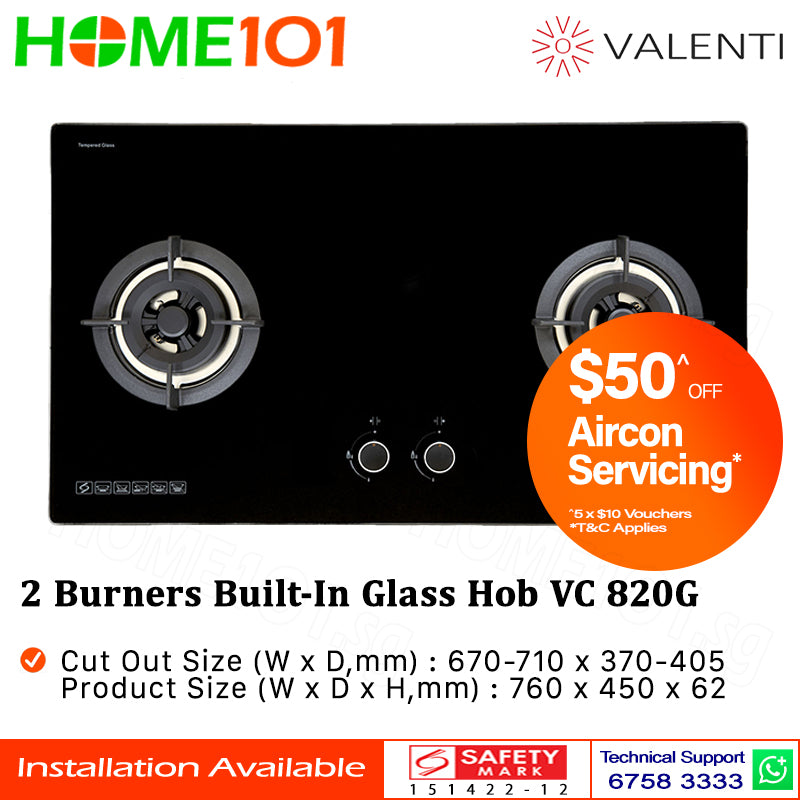 Valenti 2 Burners Built-In Glass Hob VC 820G - LPG