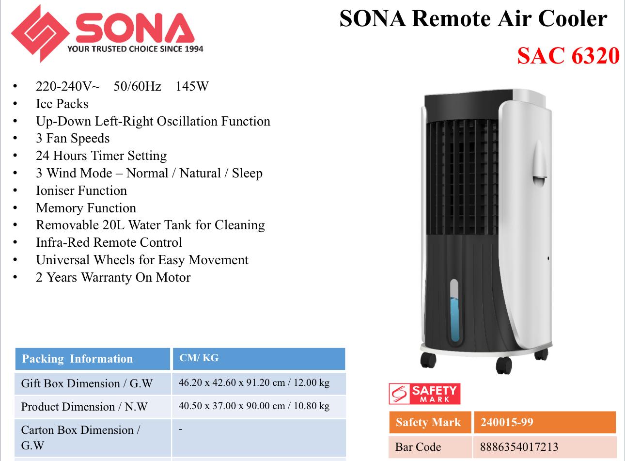 Sona Air Cooler w Remote 20L SAC 6320