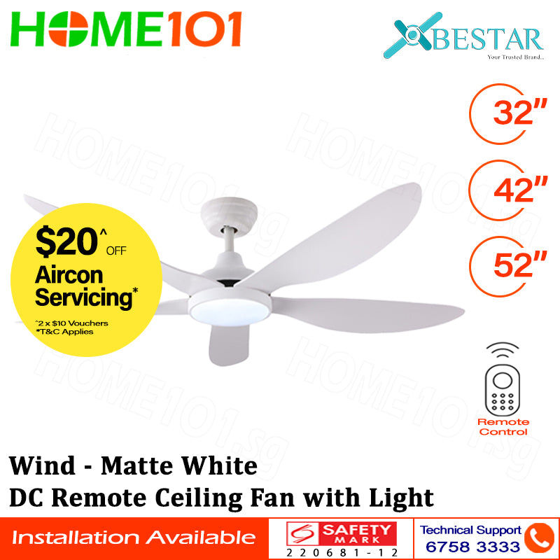 Bestar DC Motor Ceiling Fan with Remote Control & Light 32"/42”/52" Wind