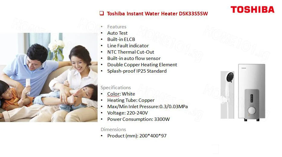 Toshiba Instant Water Heater With Build In ELCB DSK33S5S-W