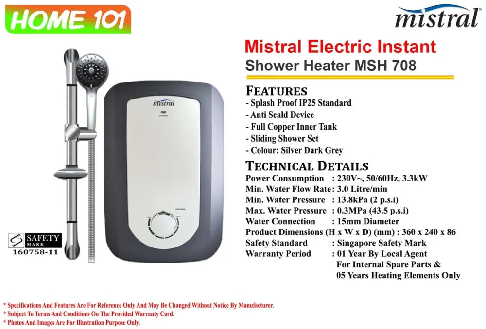 Mistral Electric Instant Shower Heater Copper Tank MSH708