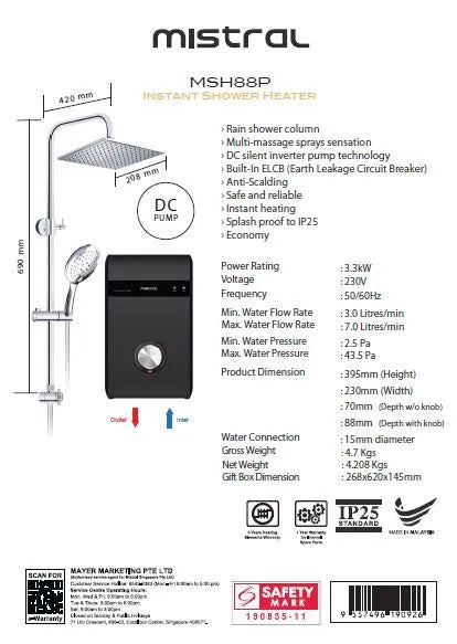 Mistral Electric Instant Water Heater with DC Pump MSH88P