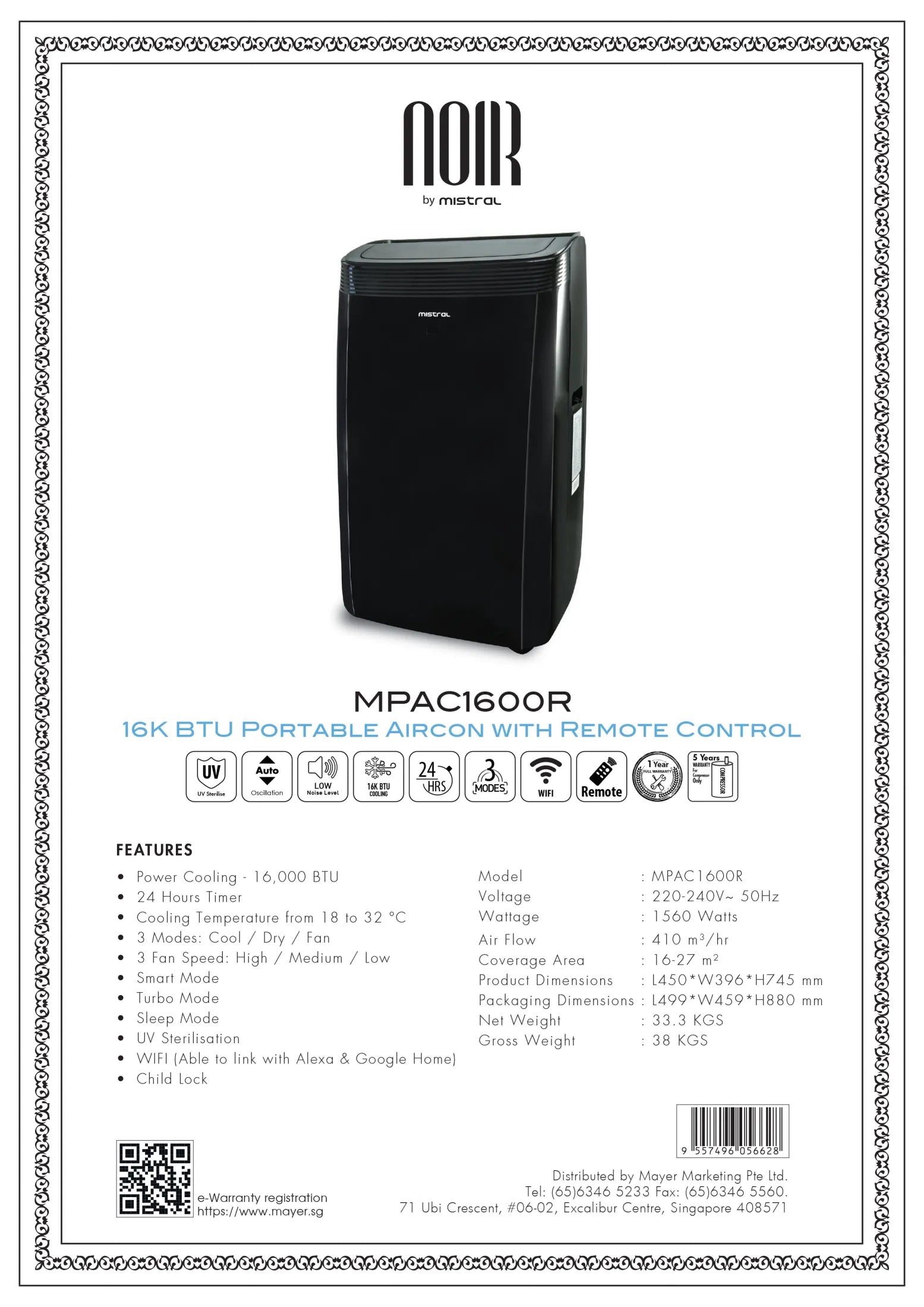 NOIR by Mistral Portable Aircon 16000BTU MPAC1600R - FREE INSTALLATION