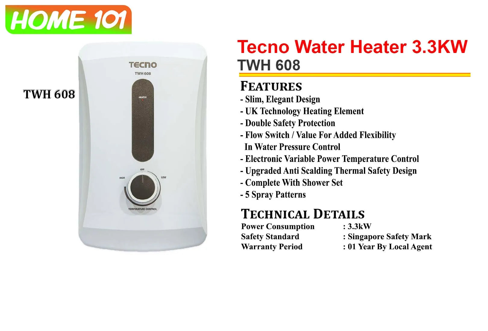 Tecno Electric Instant Shower Heater TWH608