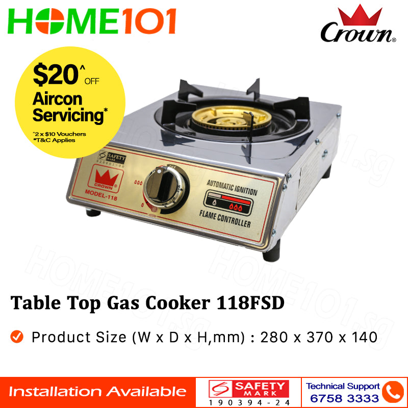 Crown Single Burner Table Top Gas Cooker 118-FSD - LPG / PUB