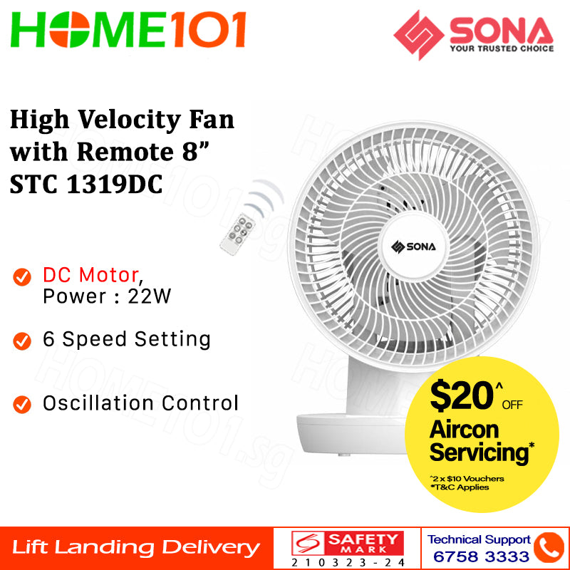 Sona High Velocity Fan with Remote 8 Inch STC 1319DC