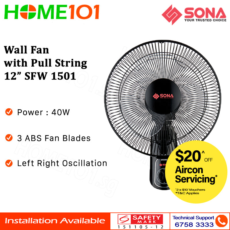 Sona Wall Fan With 2 Pull Strings 12 Inch SFW 1501