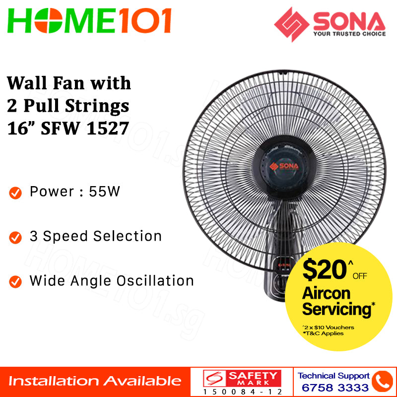 Sona Wall Fan 16 Inch With 2 Pull Strings SFW 1527