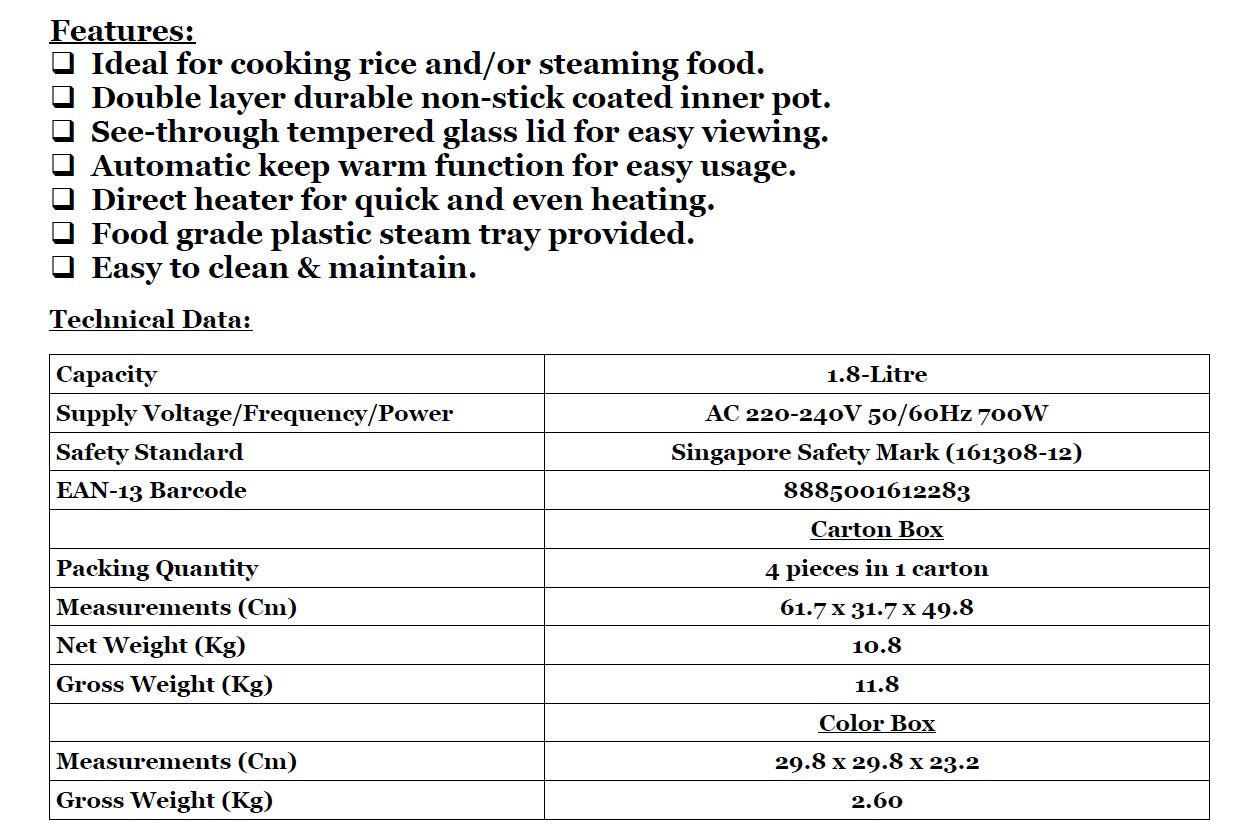 Takahi Electric Rice Cooker 0.3 - 1.8L 1603 || 1618