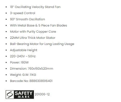 Toyomi High Velocity Stand Fan 18 - 20" PSF 1860 || PSF 1870 || PSF 2020 || PSF2020 || PSF 2070
