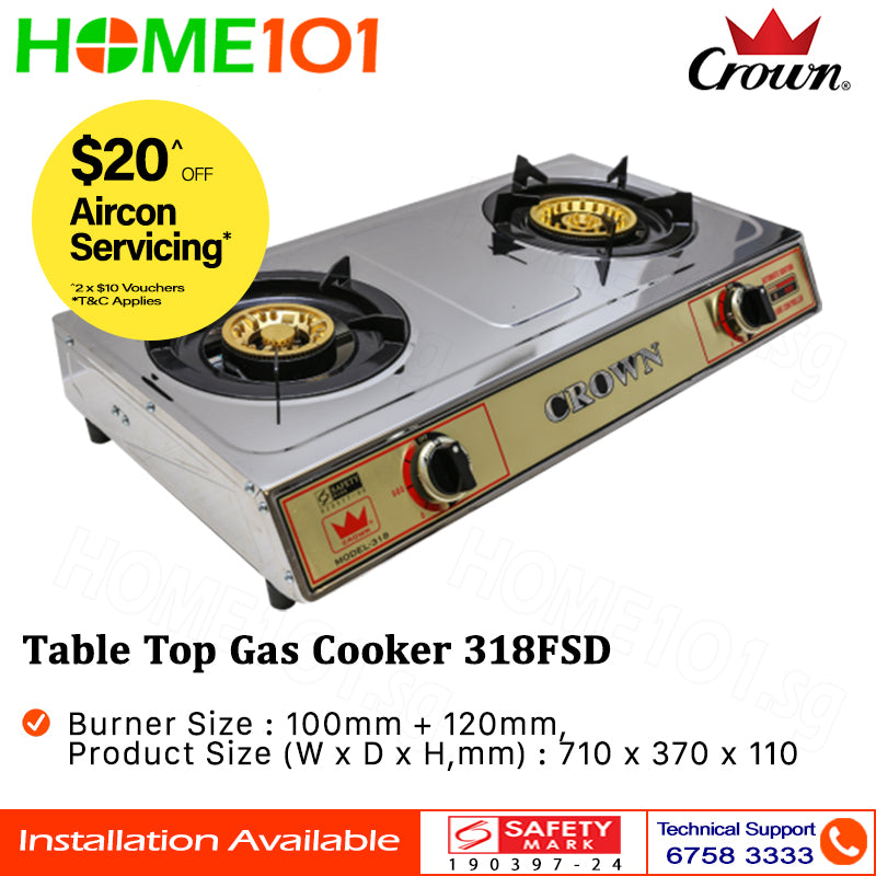 Crown Table Top stainless Steel Double Burner Gas Cooker LPG/PUB 318-FSD