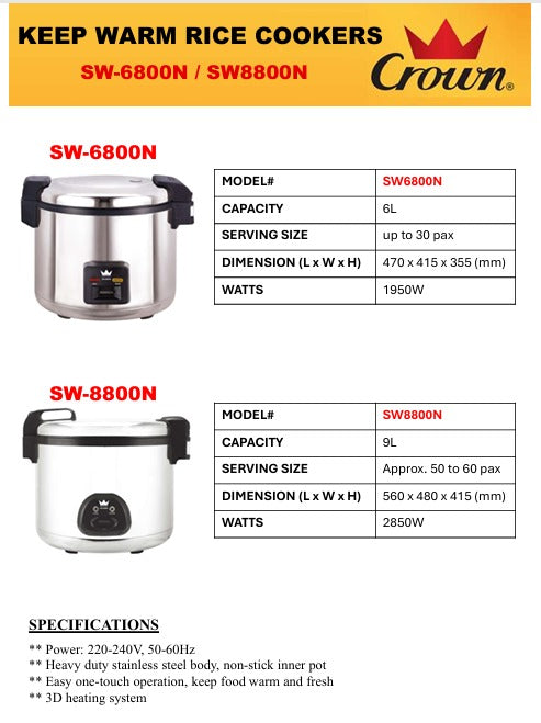 Crown Commerical Keep Warm Rice Cooker 6.0L SW6800N || SW-6800N