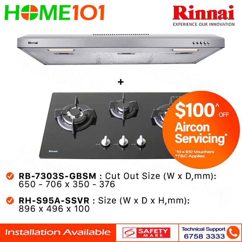 Rinnai Slimline Hood 90cm RH-S95A-SSVR & Built-In Hob RB-7303S-GBSM - LPG / PUB