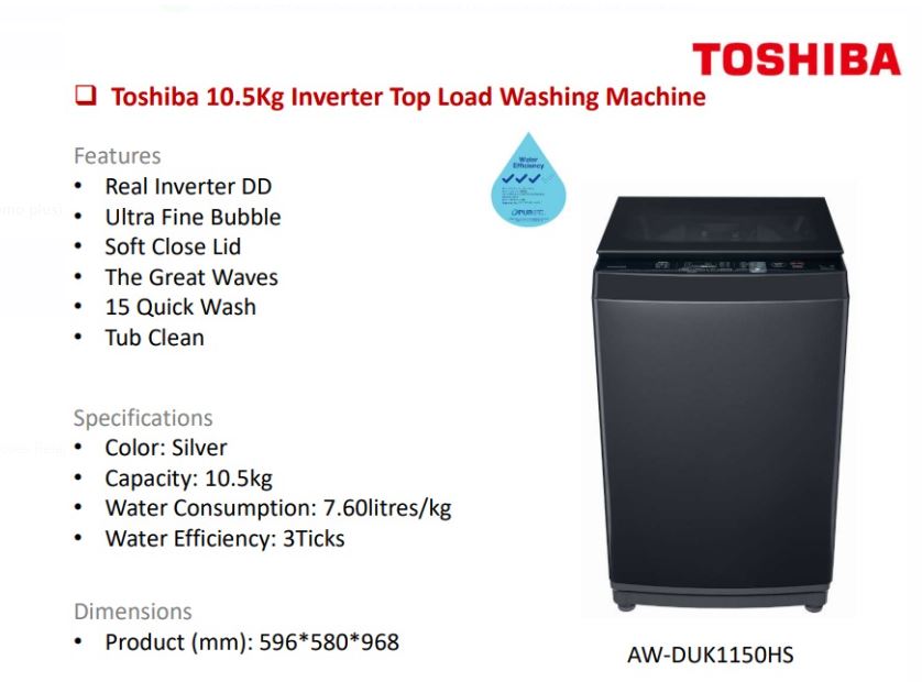 Toshiba Top Load Washer 10.5KG AW-DUK1150HS