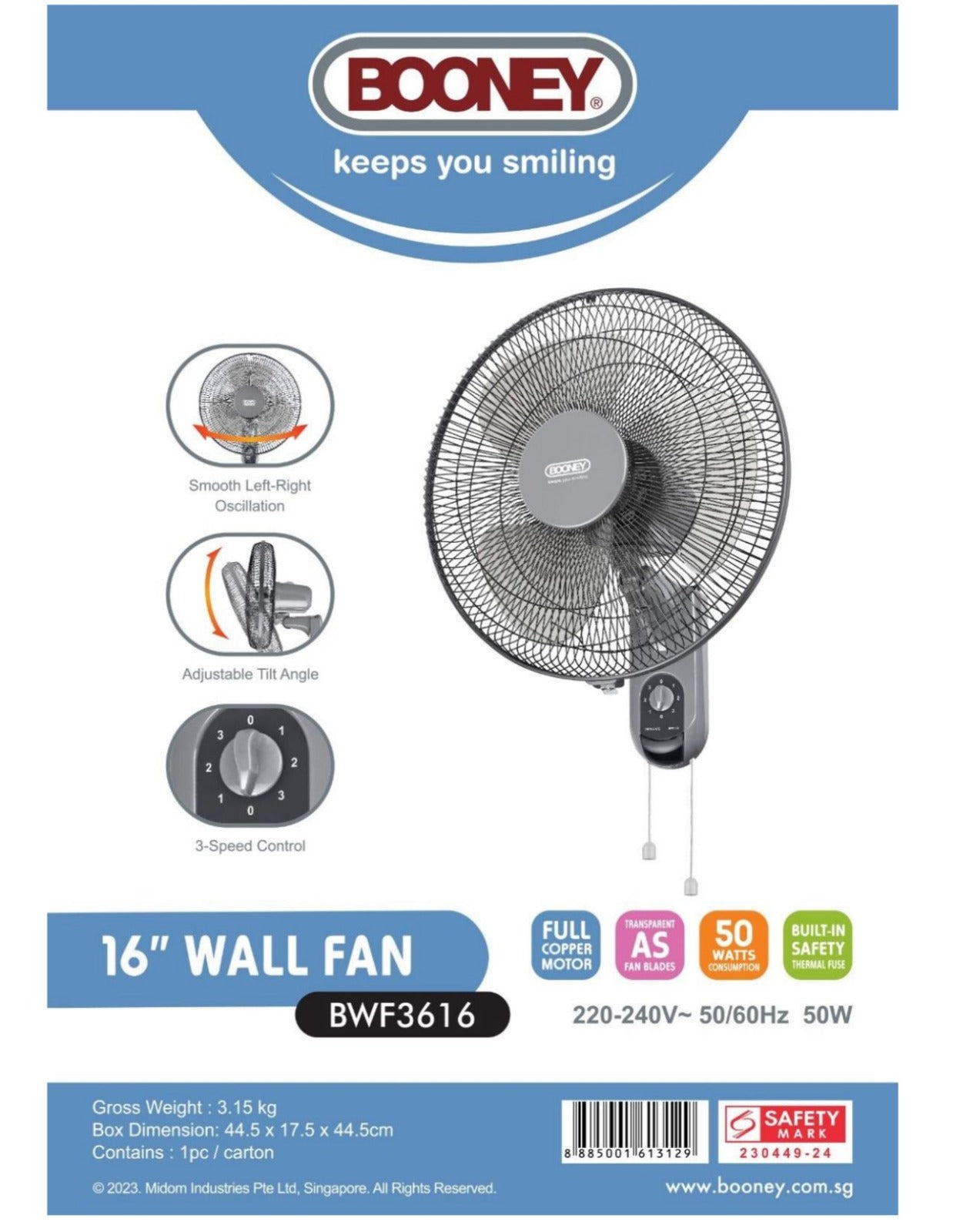 Booney Wall Fan 16" BWF3616