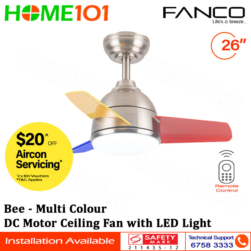 Fanco DC Motor Ceiling Fan with LED Light & Remote Control 26" Bee