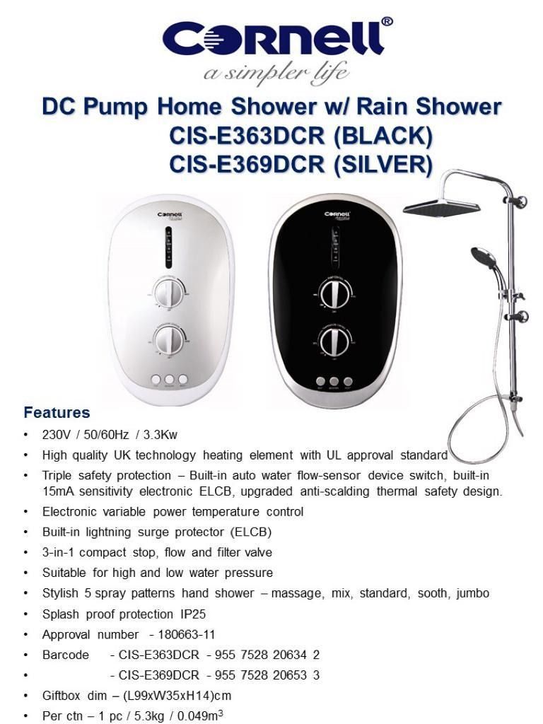 Cornell Instant Heater with DC Pump and Rainshower CIS-E369DCR-SL