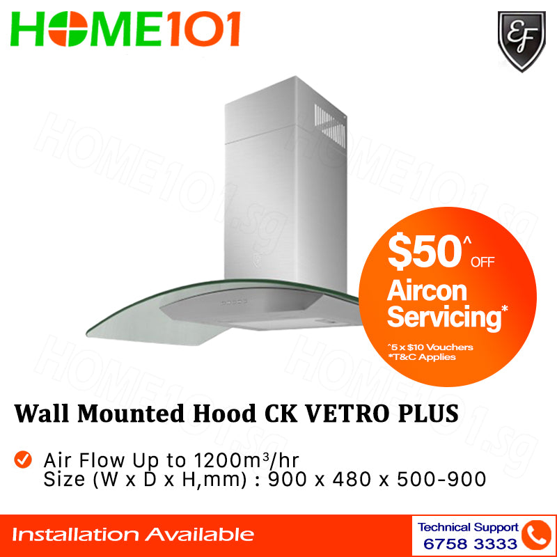 EF Wall Mounted Chimney Hood 90cm CK VETRO PLUS