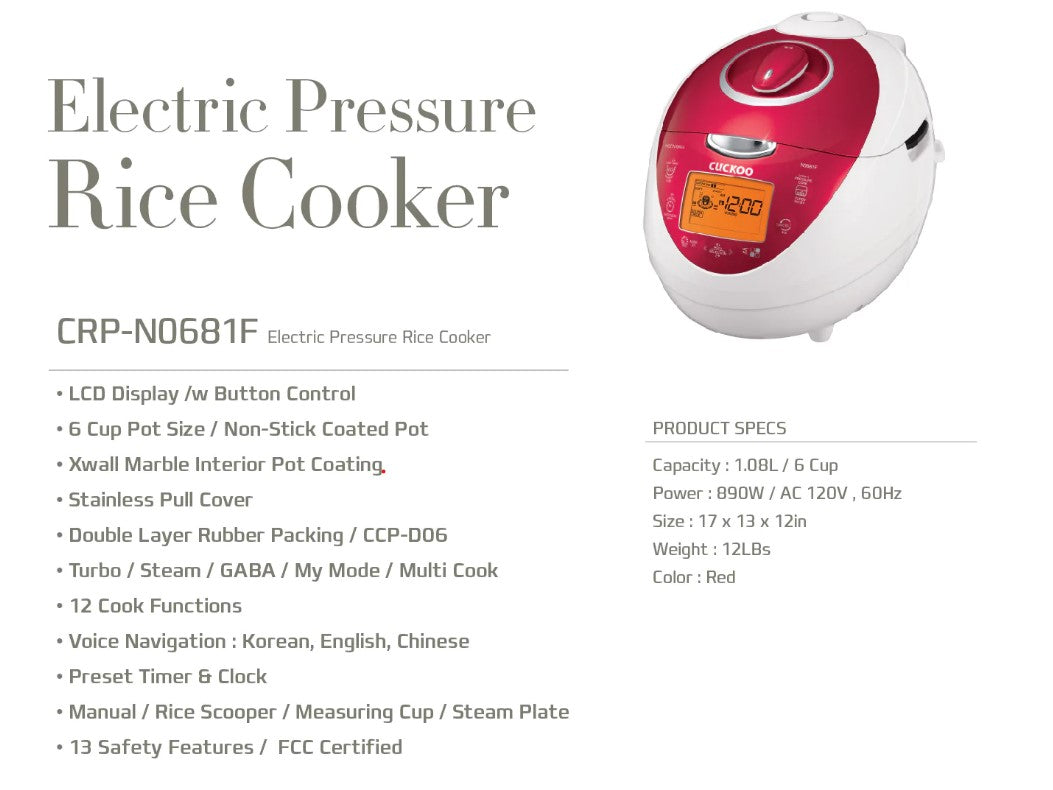 Cuckoo High Pressure Rice Cooker 1.0L CRP-N0681F