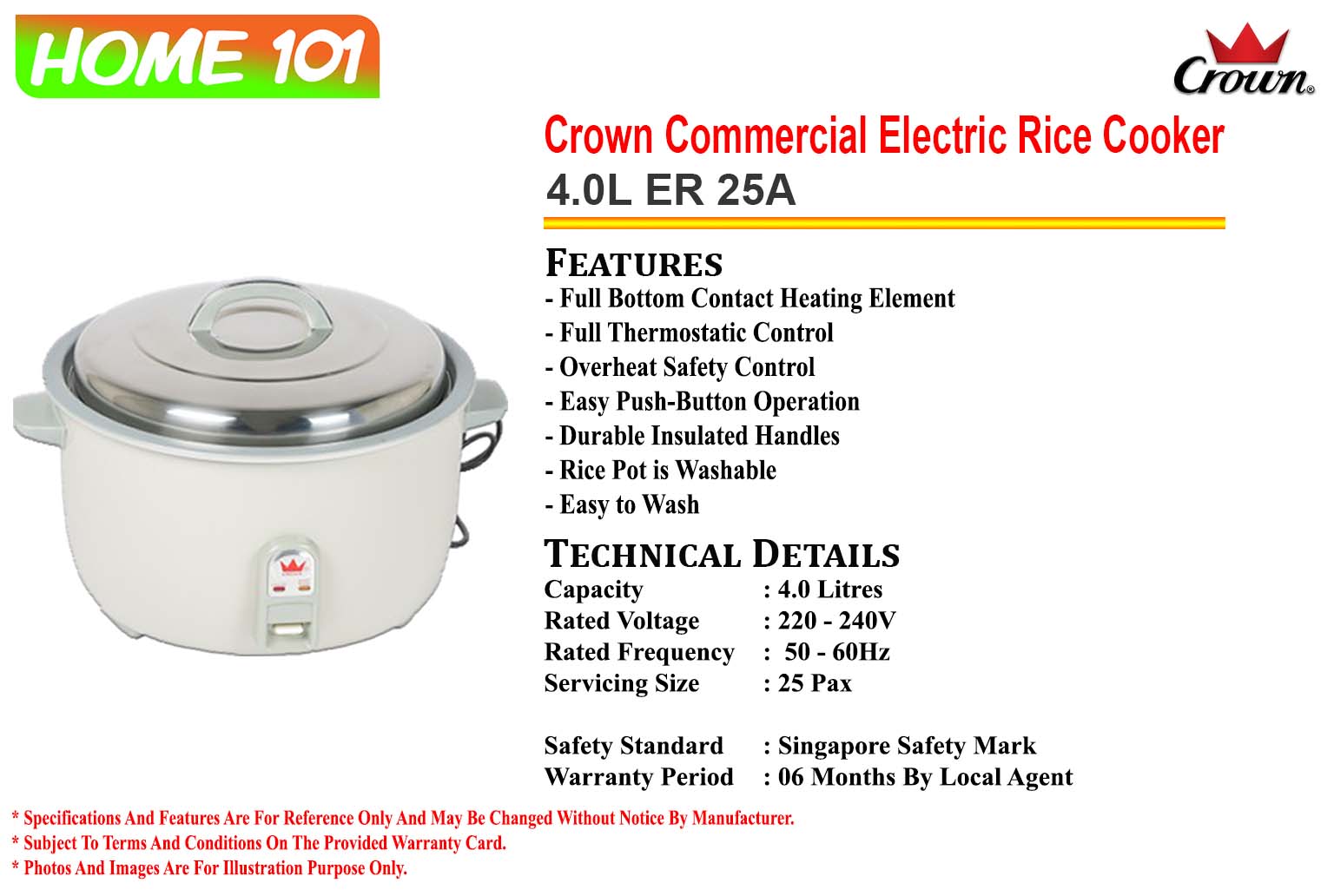 CROWN Commercial Rice Cooker 4.0L ER 25A