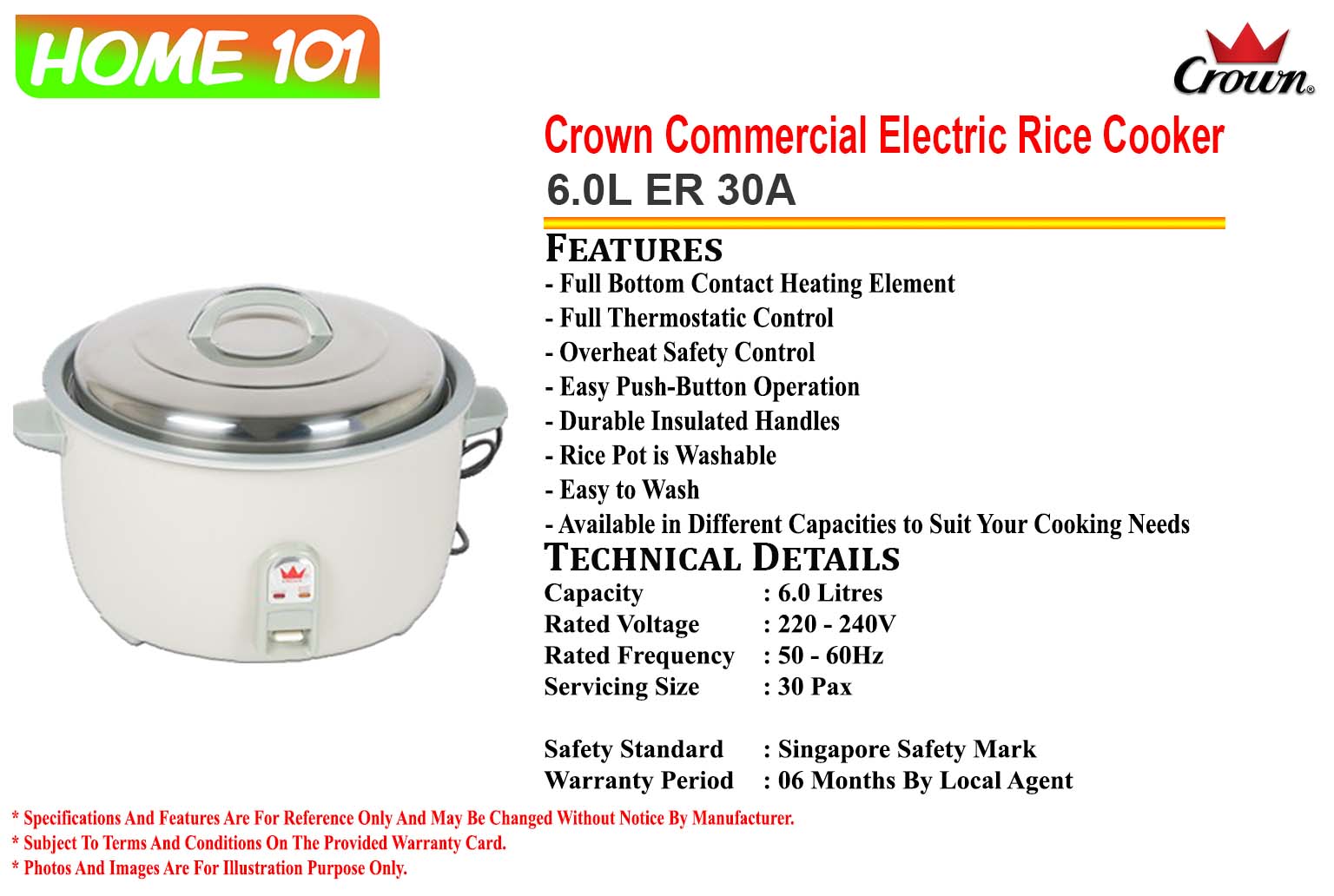CROWN Commercial Rice Cooker 6.0L ER 30A