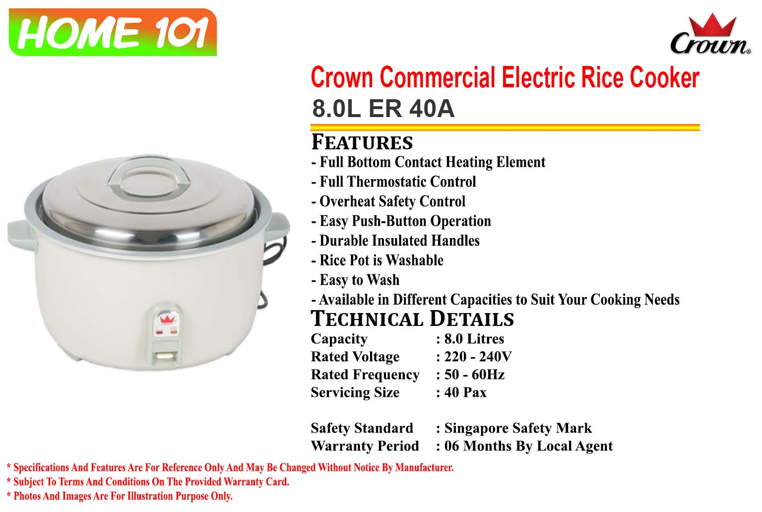 CROWN Commercial Rice Cooker 8.0L ER 40A