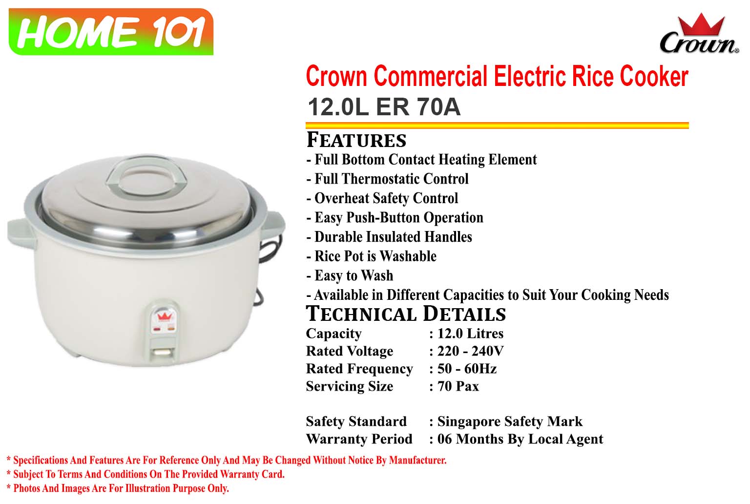 CROWN Commercial Rice Cooker 12.0L ER 70A