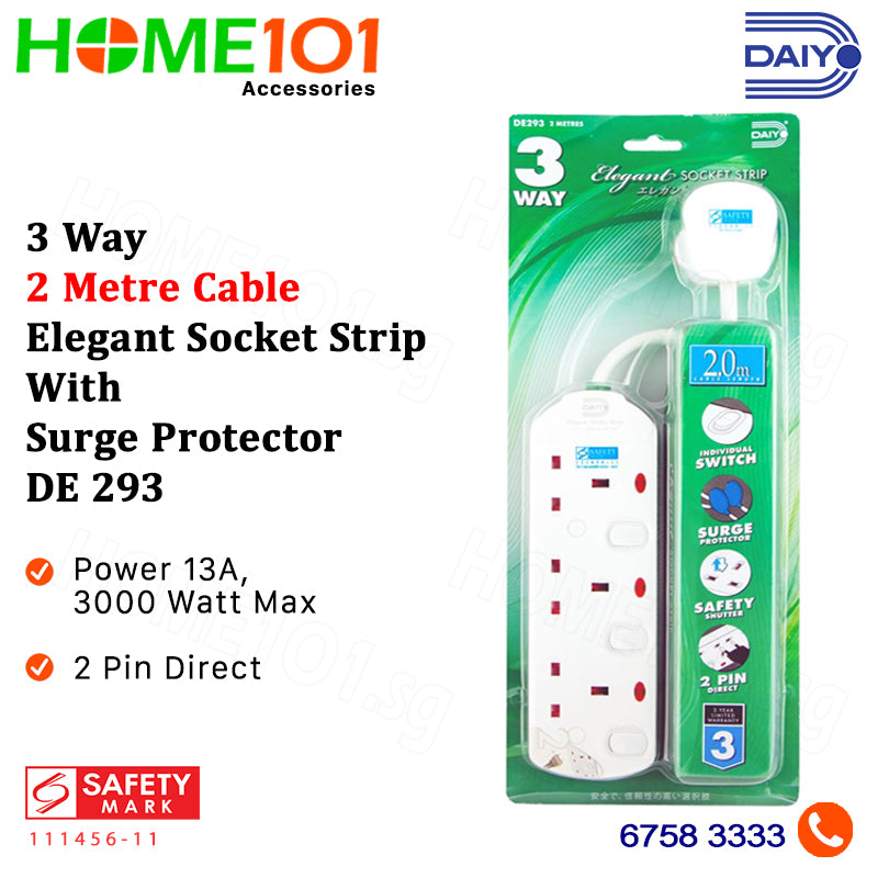 Daiyo 2/3/4/5/6 Way - 2 Metre Cable Elegant Socket Strip with Surge Protector