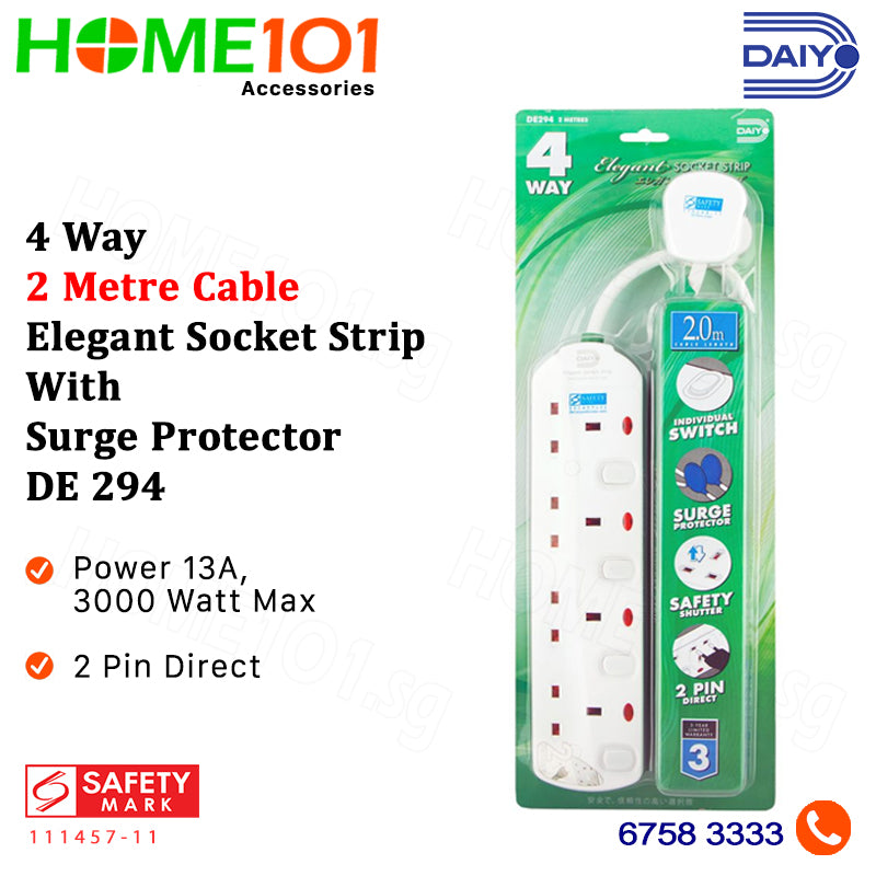 Daiyo 2/3/4/5/6 Way - 2 Metre Cable Elegant Socket Strip with Surge Protector