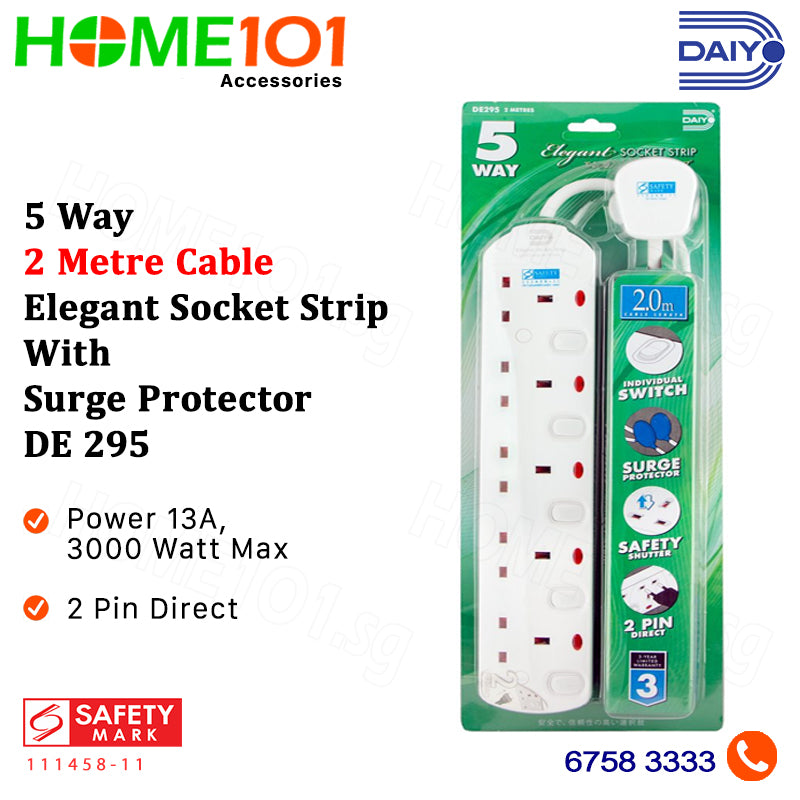 Daiyo 2/3/4/5/6 Way - 2 Metre Cable Elegant Socket Strip with Surge Protector