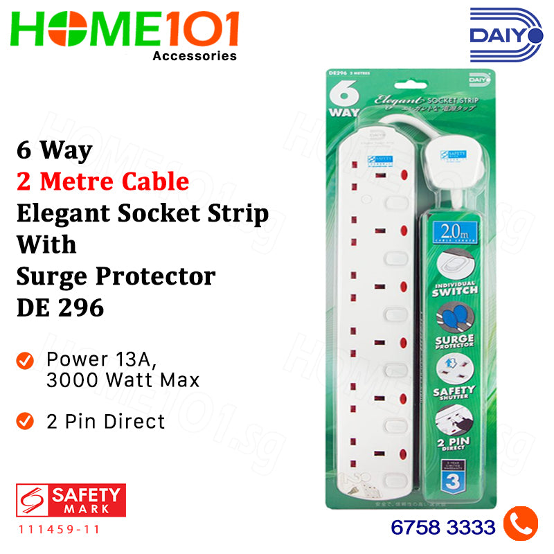 Daiyo 2/3/4/5/6 Way - 2 Metre Cable Elegant Socket Strip with Surge Protector