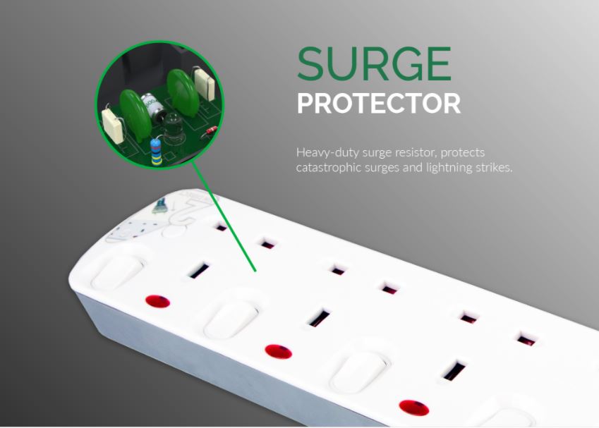 Daiyo 2/3/4/5/6 Way - 2 Metre Cable Elegant Socket Strip with Surge Protector