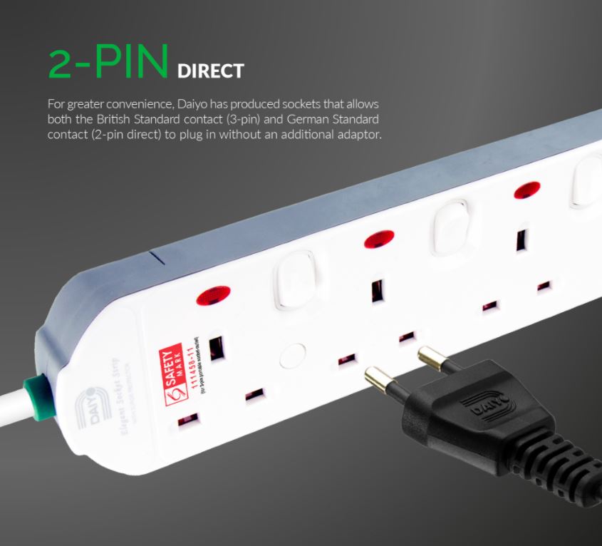 Daiyo 2/3/4/5/6 Way - 2 Metre Cable Elegant Socket Strip with Surge Protector