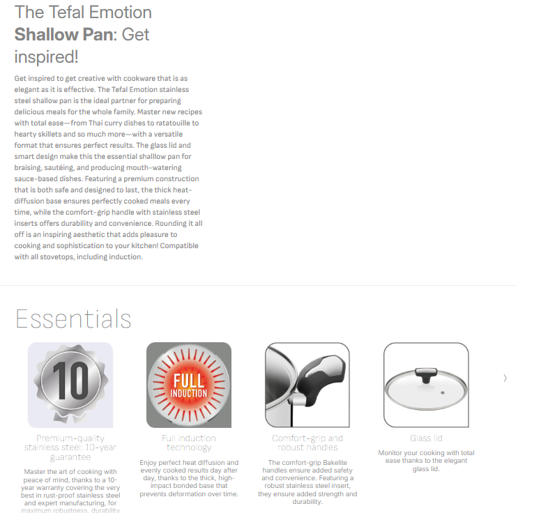 Tefal Emotion Stainless Steel Shallow Pan 24cm + Lid E30170