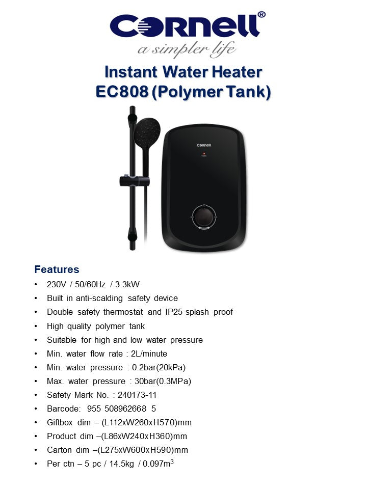 Cornell Instant Water Heater (Polymer Tank) EC808