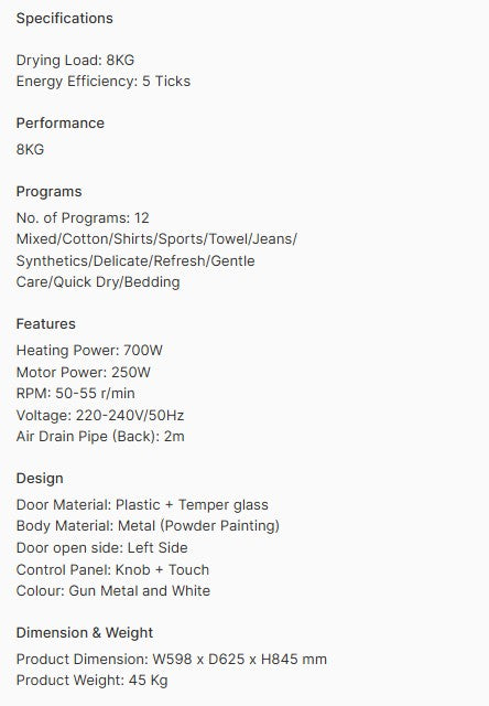 Europace Heat Pump Dryer 8.0KG EDY8801YWH