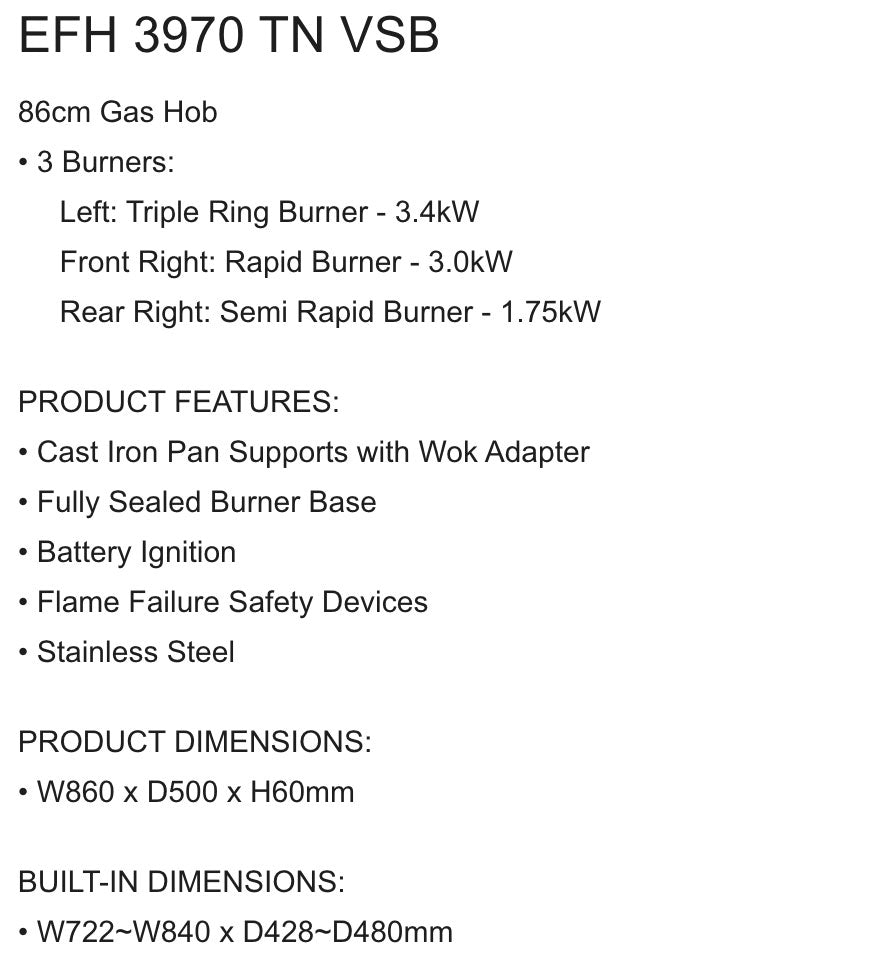 EF Built In Stainless Steel Hob 3 Burners EFH 3970 TN VSB