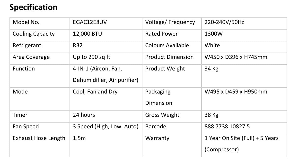 Europace 4IN1 Smart Air Purifying Green Portable Aircon 12000BTU EGAC12E8UV