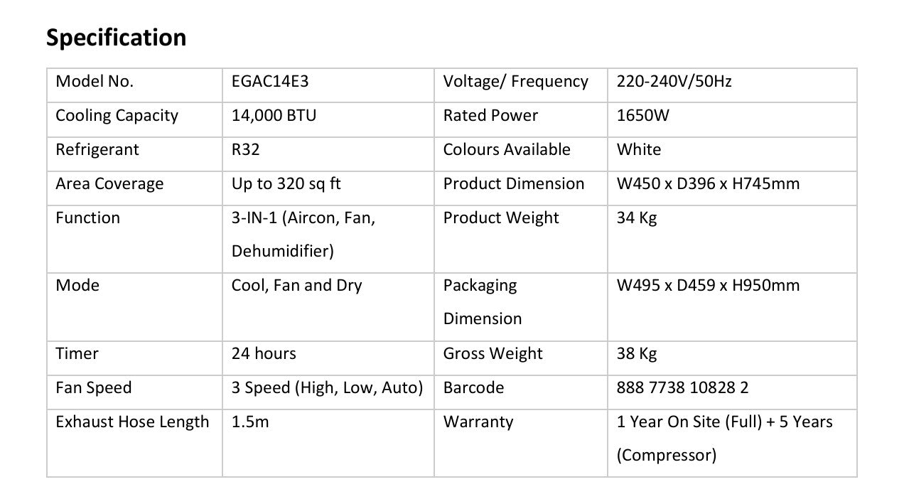 Europace Compact Series Green Portable Aircon 14000BTU EGAC14E3