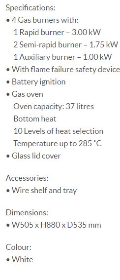 Elba Standing Cooker 50cm with Gas Oven EGC 536