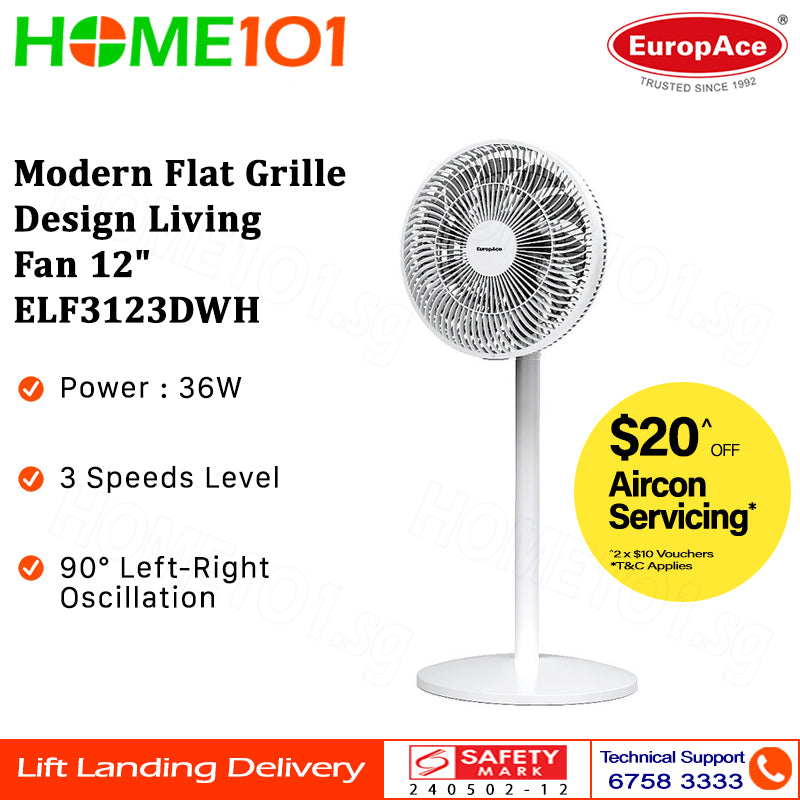 Europace Modern Flat Grille Design Living Fan 12” ELF3123DWH