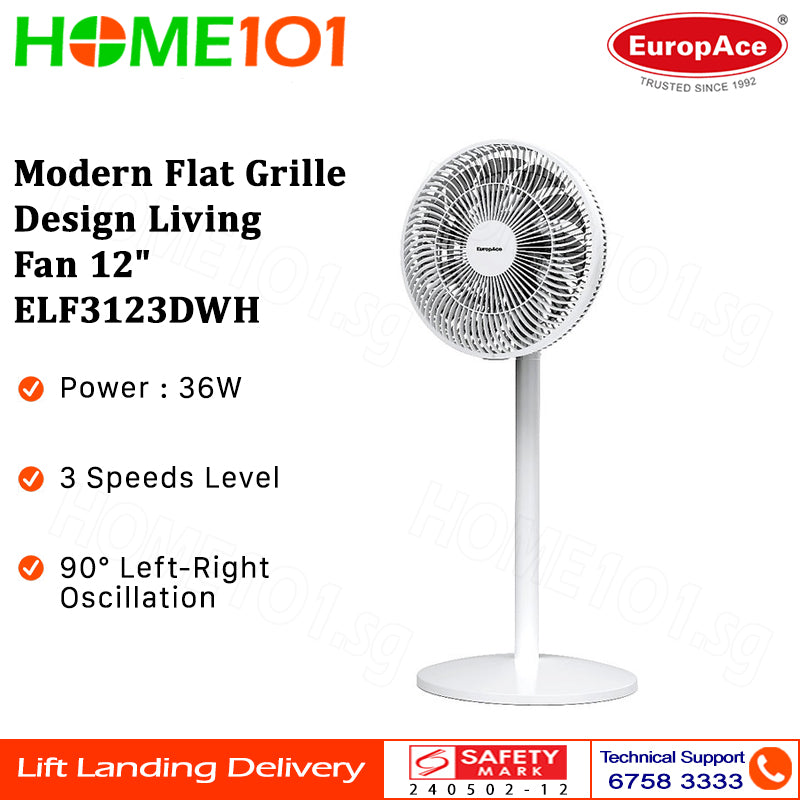 Europace Modern Flat Grille Design Living Fan 12” ELF3123DWH