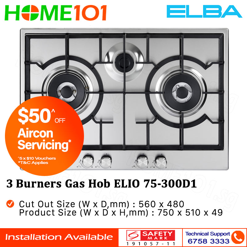 Elba Built In Stainless Steel Hob 3 Burners ELIO 75-300D1