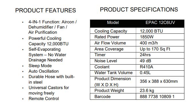 EuropAce (PRE-ORDER) Portable Aircon 12000 btu EPAC 12C6UV | EPAC-12C6UV | EPAC12C6UV