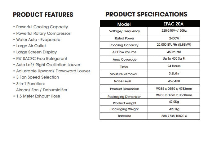 Europace Portable Aircon 20000btu EPAC 20A