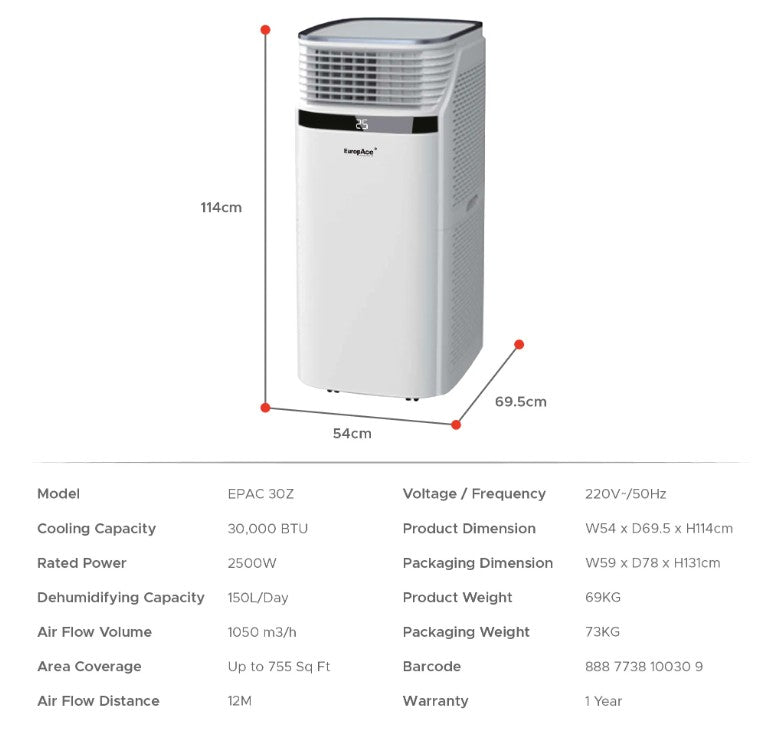 Europace Dual Hose Portable Aircon 30000BTU EPAC30Z